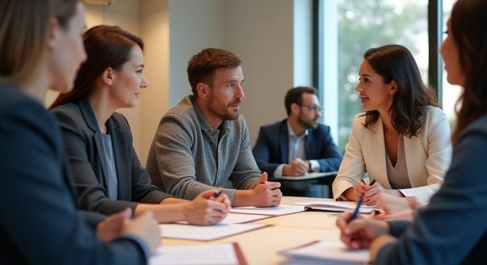 Group of professionals engaged in a training session focused on workplace dynamics